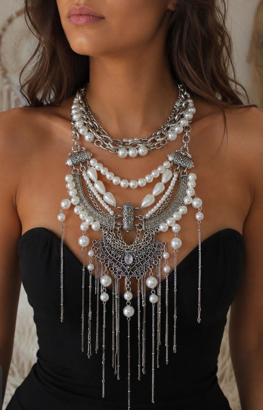 Free People Silver Pearl Statement Bib Necklace Boho Layered Fringe msrp 99